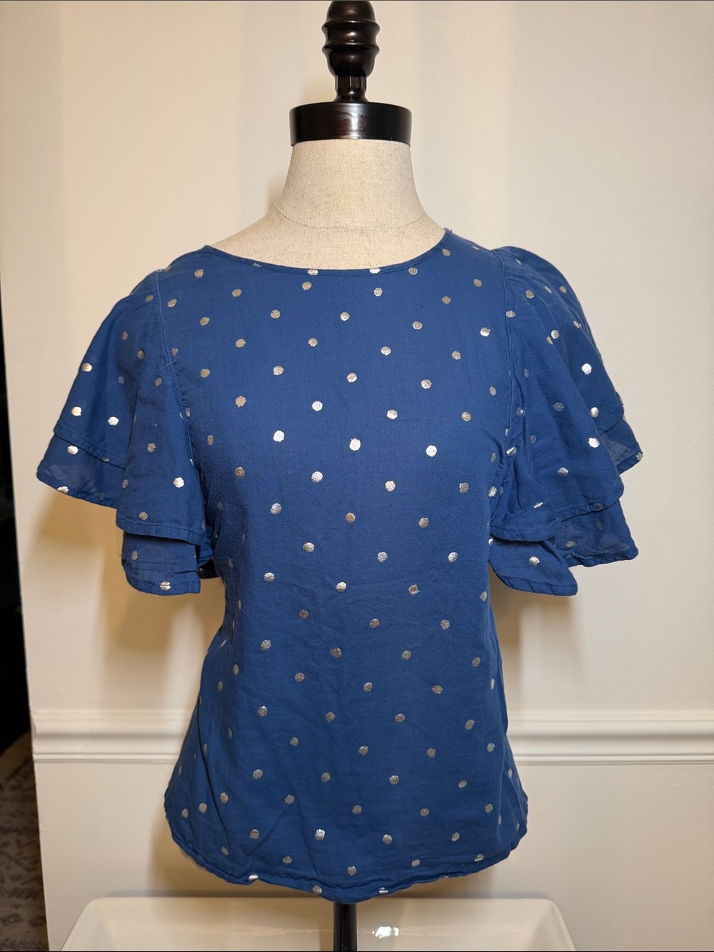 JCrew Blue Polka Dot Ruffle Sleeve Women’s Top - Size M